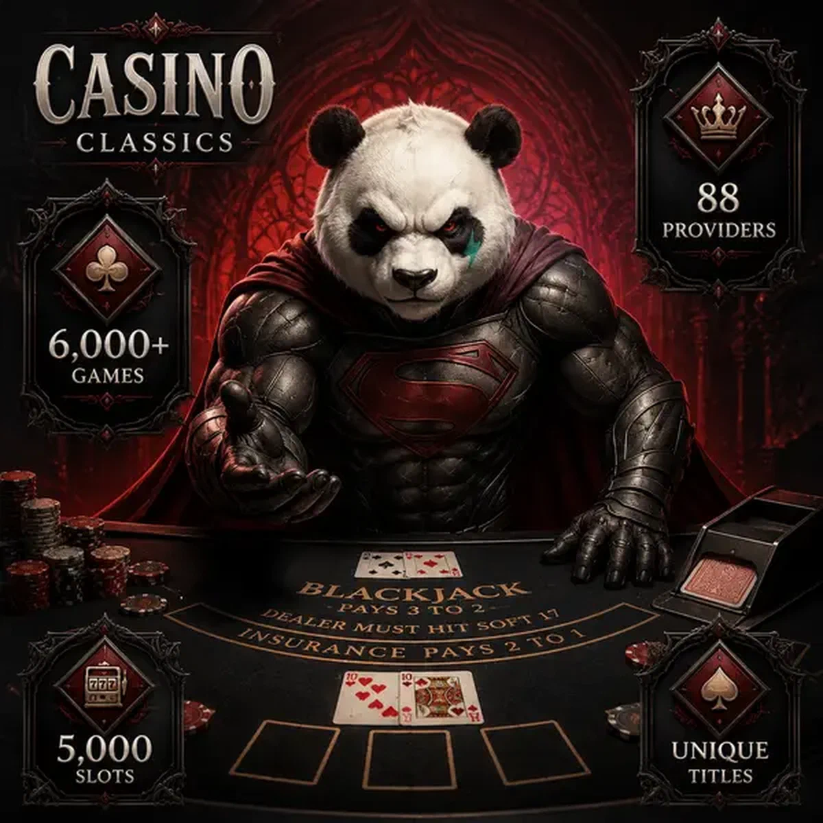 Bruno el Panda mostrando más de 6000 tragaperras y mesas en vivo en Juegos de Bruno Casino